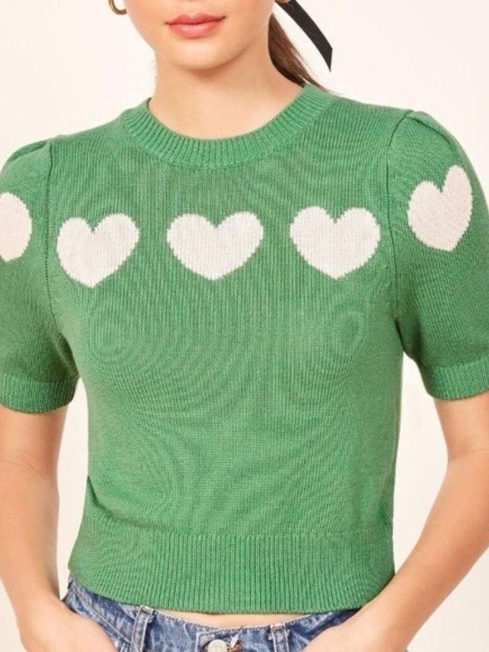 Reformation Green Heart Print Puff Sleeve Sweater